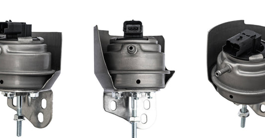 Three electric turbocharger actuators set against a white background. Each actuator is at a different angle to show all the parts.