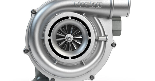 A standard car turbocharger with a visible turbine wheel, smooth metallic housing, and engravings on the top intake section.