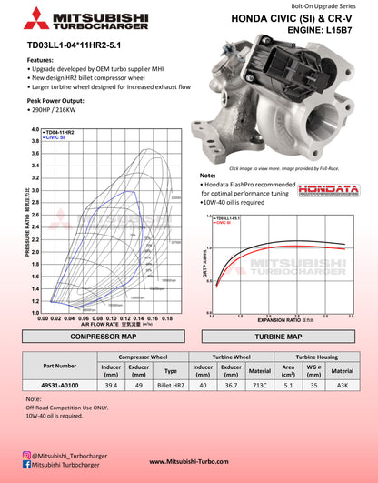 NEW Mitsubishi TD03LL1 Upgrade Turbo Honda Civic Si CR-V L15B7 1.5L 49S31-A0100