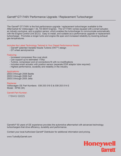 NEW OEM Garrett GT1749V Upgrade Turbo VW Golf Jetta Beetle 1.9L TDI 778445-5002