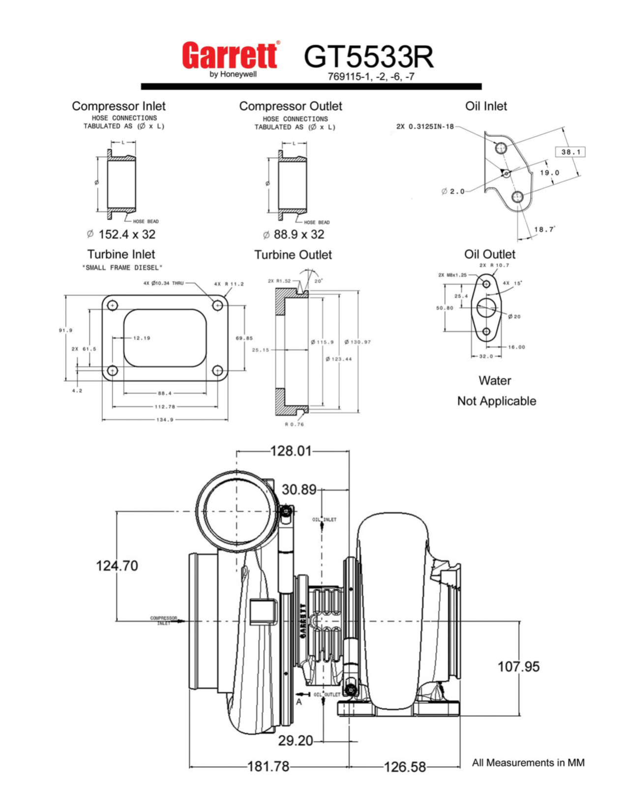NEW OEM Garrett GT5533R Turbo Dual Ball Bearing Universal 3.0L-12.0L 769115-5002